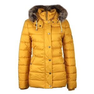 Barbour Yellow Puffer Jacket with Fur Trim